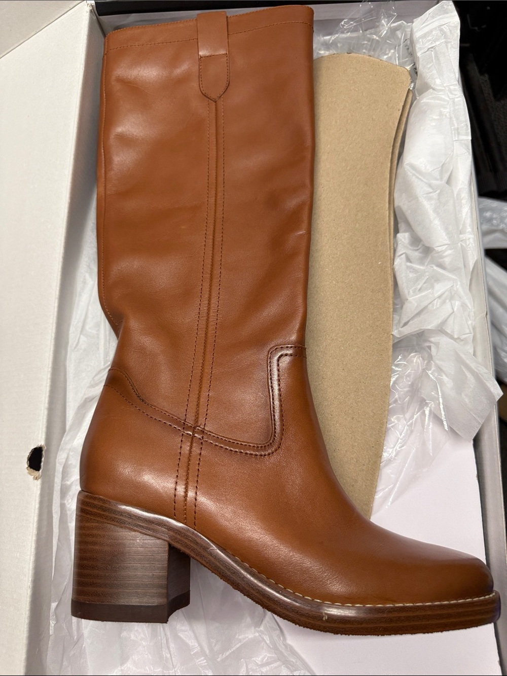 Nine West HECEE DARK NATURAL Leather Mid-Calf Block Heel Boots SZ 6.5M
